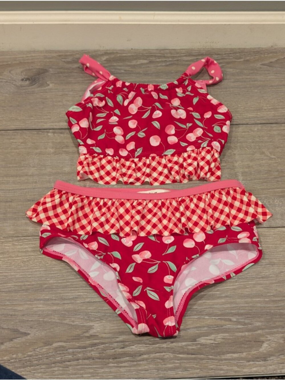 Matilda Jane Girls Sandy Springs Cherry Gingham Red Ruffle Two-Piece Swimsuit 10